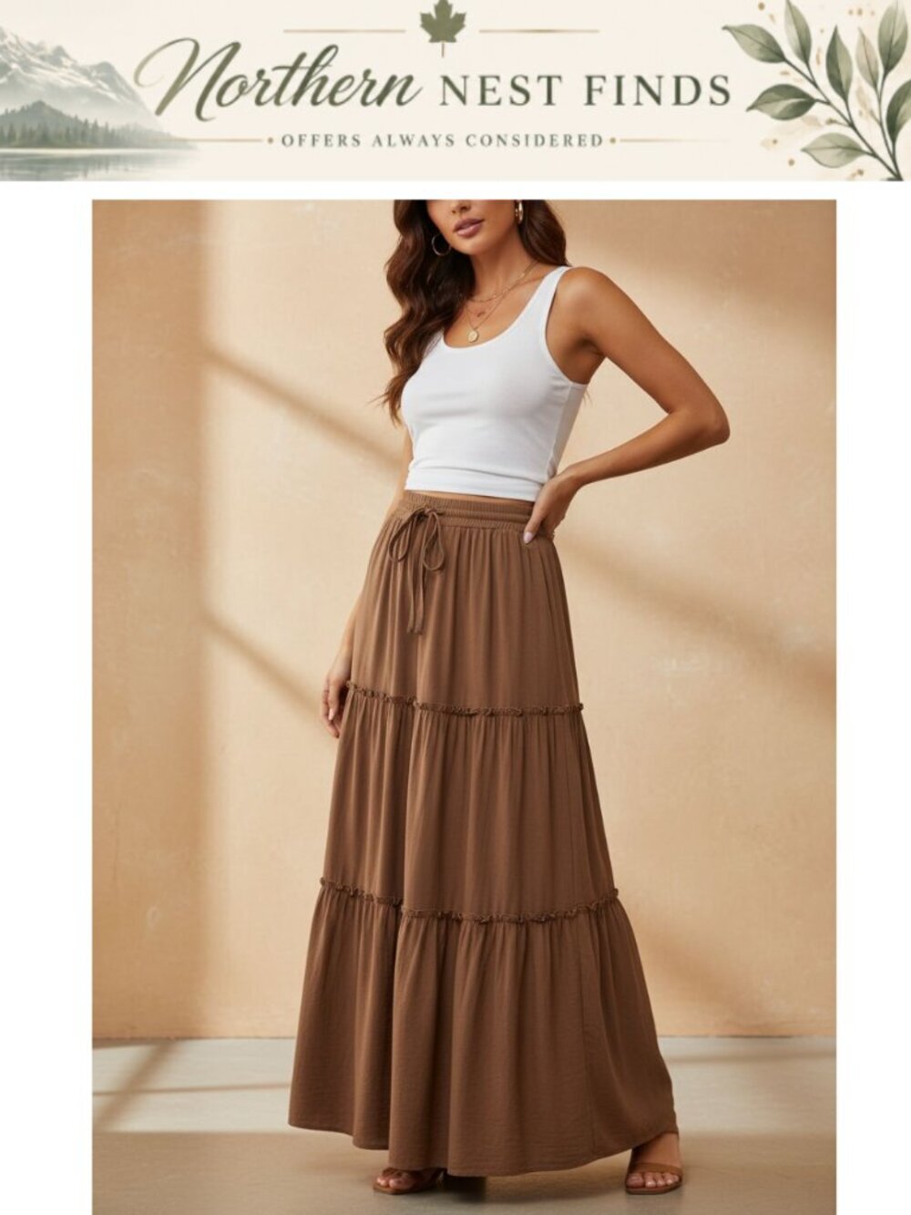 Boho Maxi Skirt High Waist Drawstring Flowy Long Skirt with Pockets